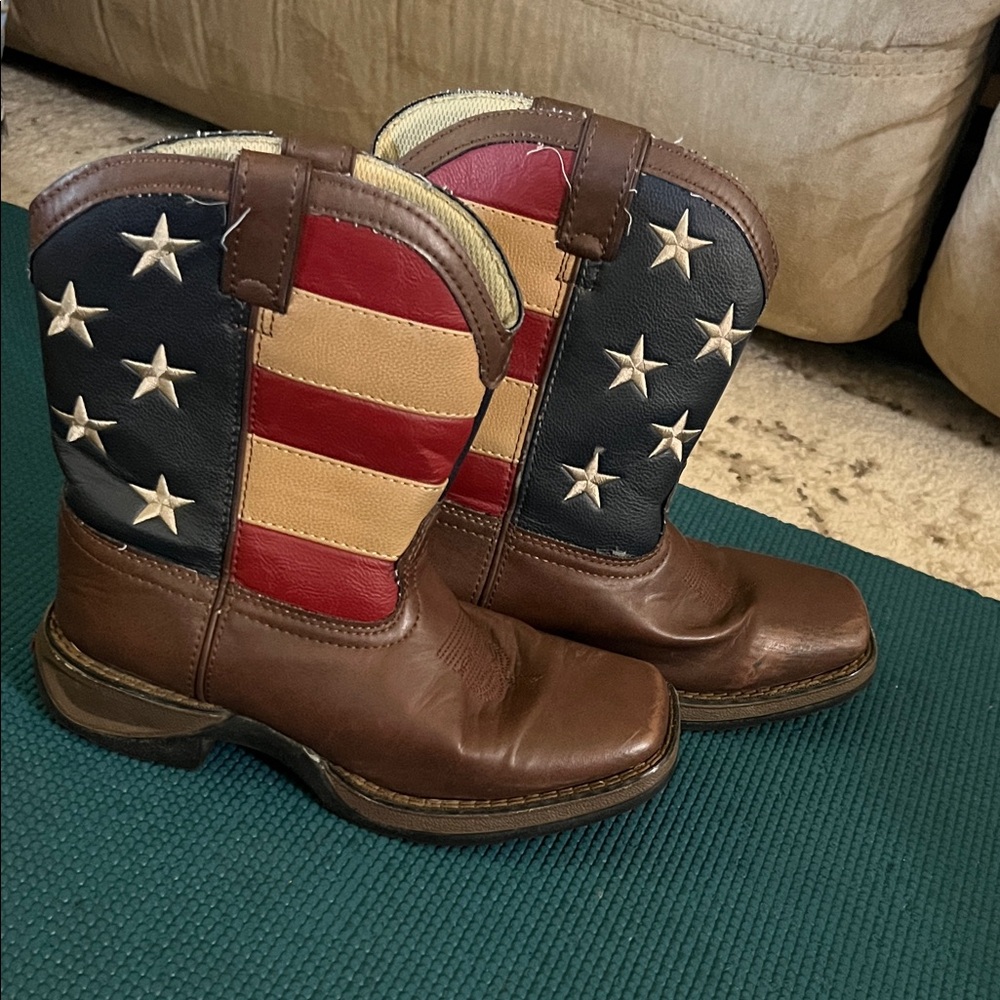 Durango Kids Brown Western Boots with Red, Cream & Navy Flag Design